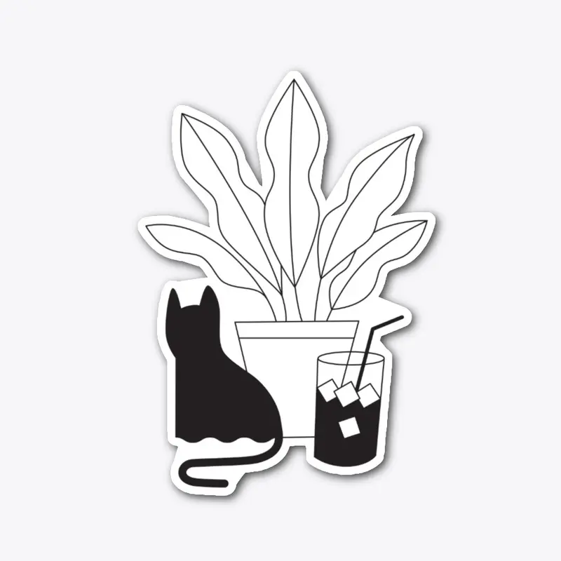 Minimal Cat, Coffee, + plant